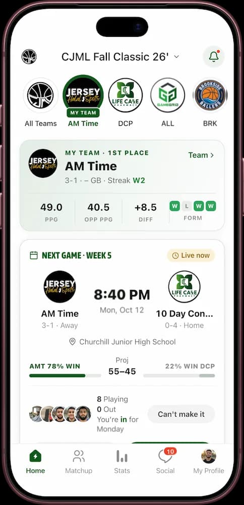 GameGrid league home with my team card and the next game