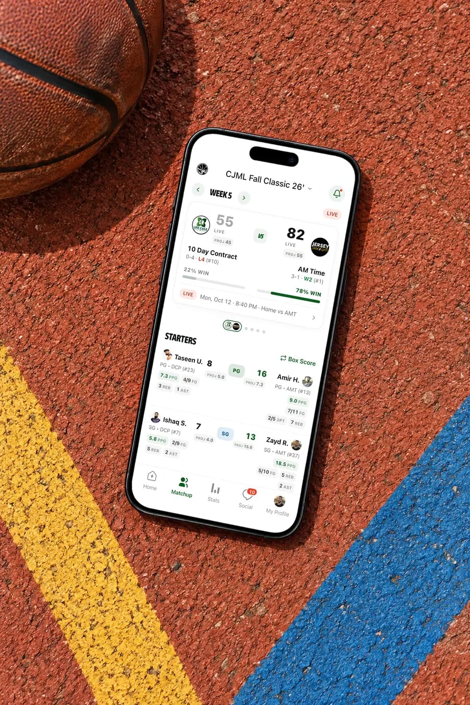 GameGrid live basketball score on an iPhone on an outdoor court