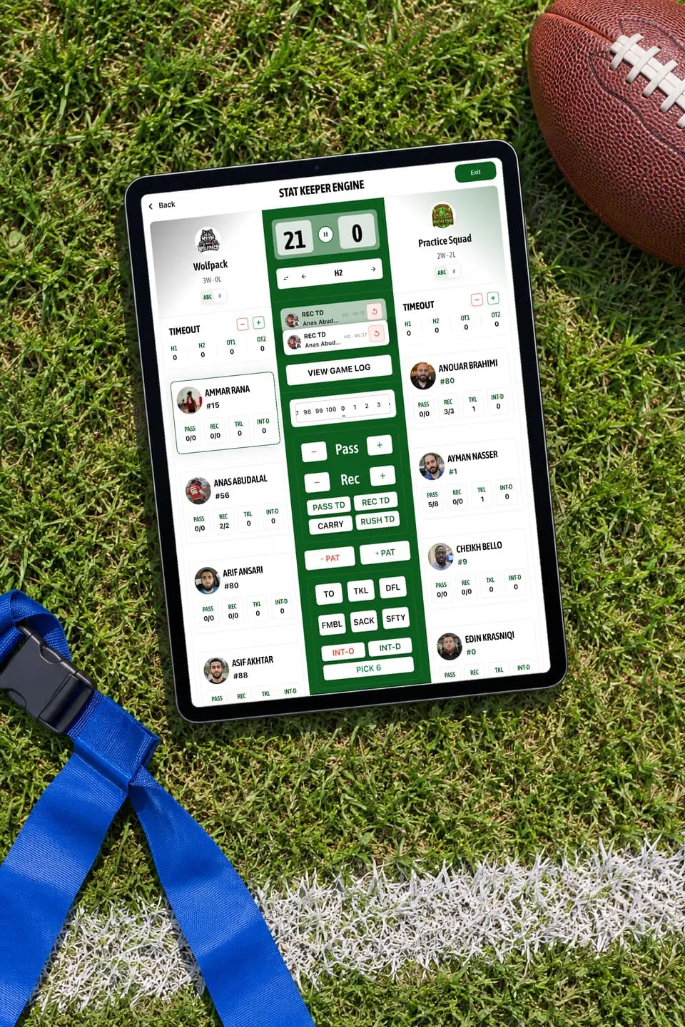 GameGrid Stat Keeper on an iPad on grass beside flag belts