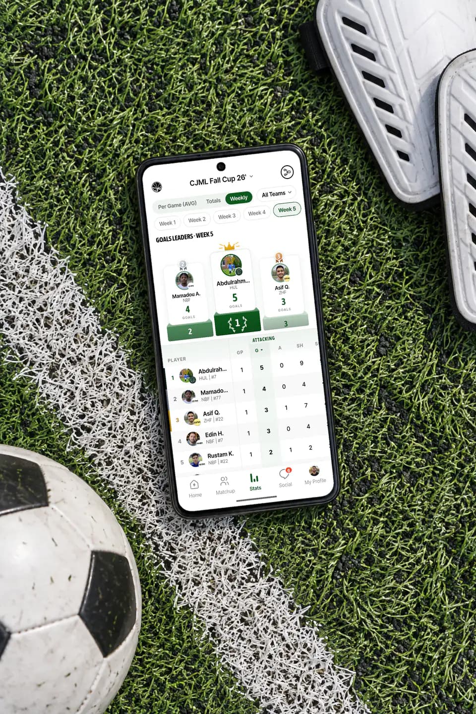 GameGrid Golden Boot leaderboard on an Android phone on turf next to a ball