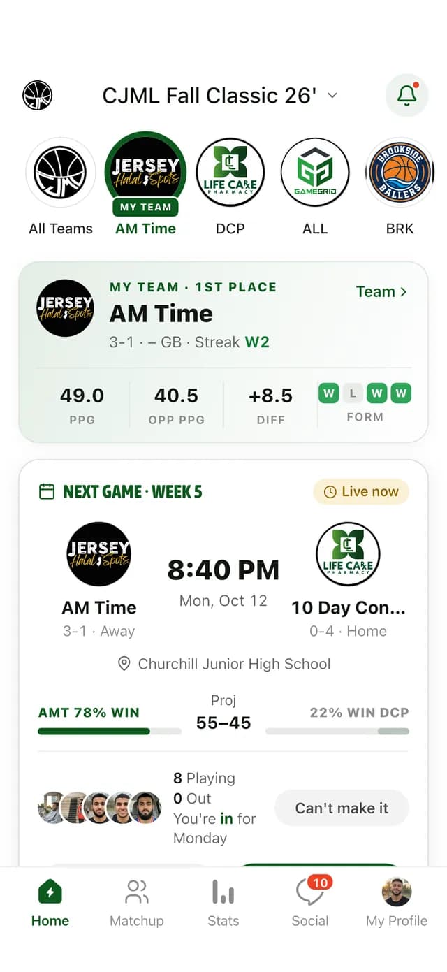 GameGrid league home: AM Time in 1st place and the next game at 9:47 PM with a 78% win probability