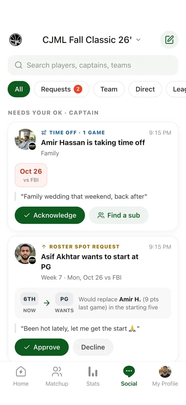 GameGrid requests inbox: a time-off request to acknowledge and a roster spot request to approve