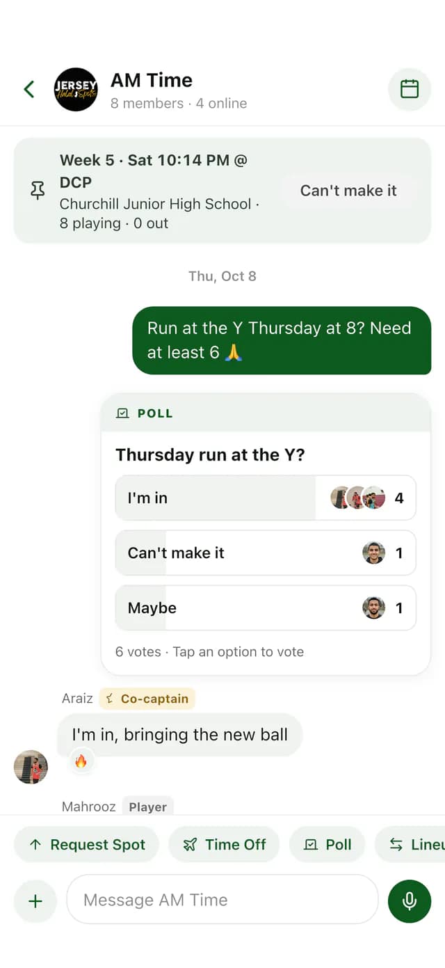 GameGrid team chat with a poll asking who's in for Thursday's run