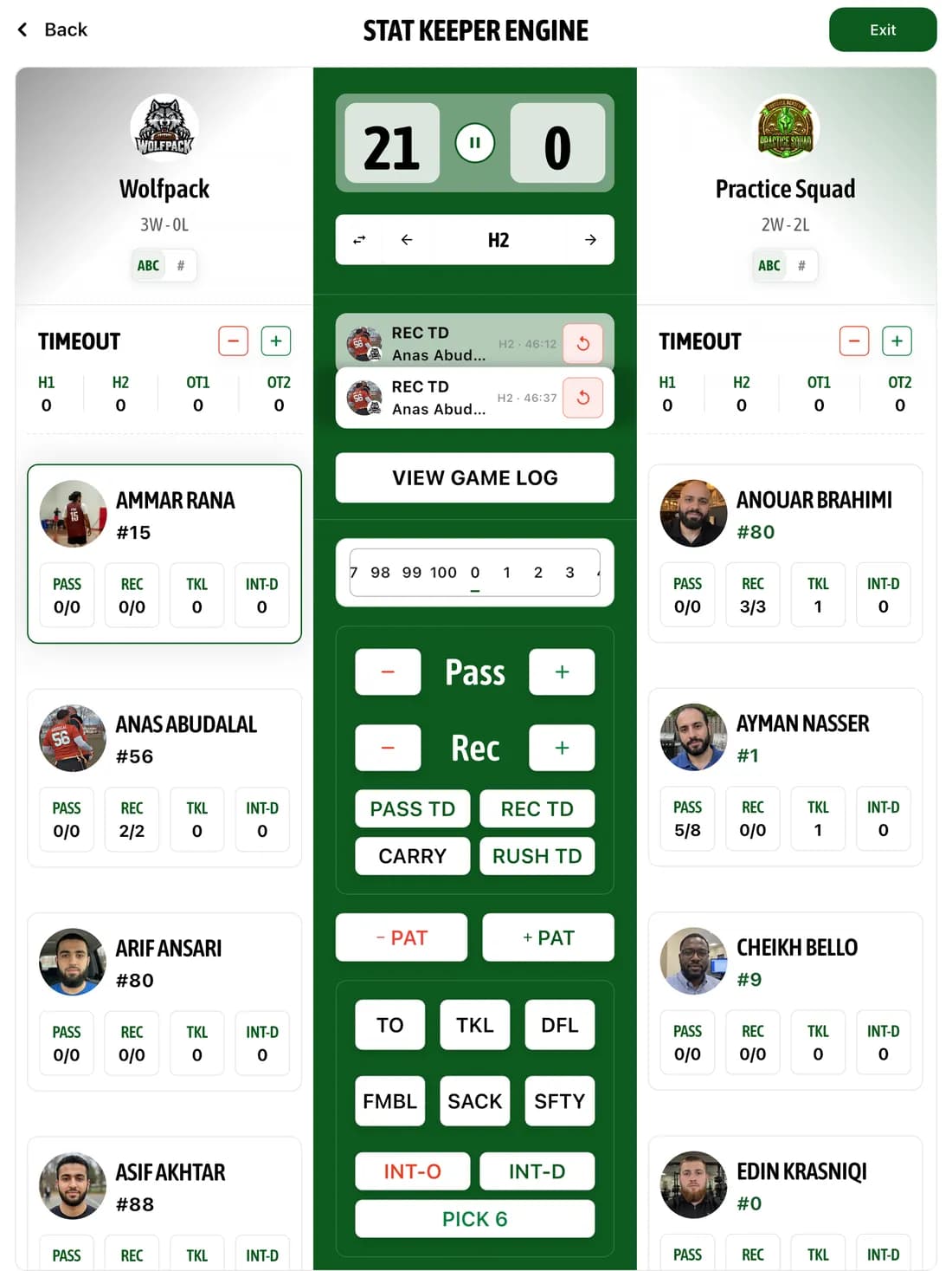 GameGrid Flag Football Stat Keeper on iPad with the live score, both rosters and flag football stat buttons