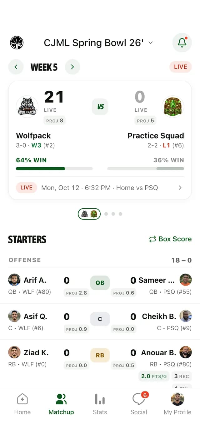 Flag Football live matchup in GameGrid