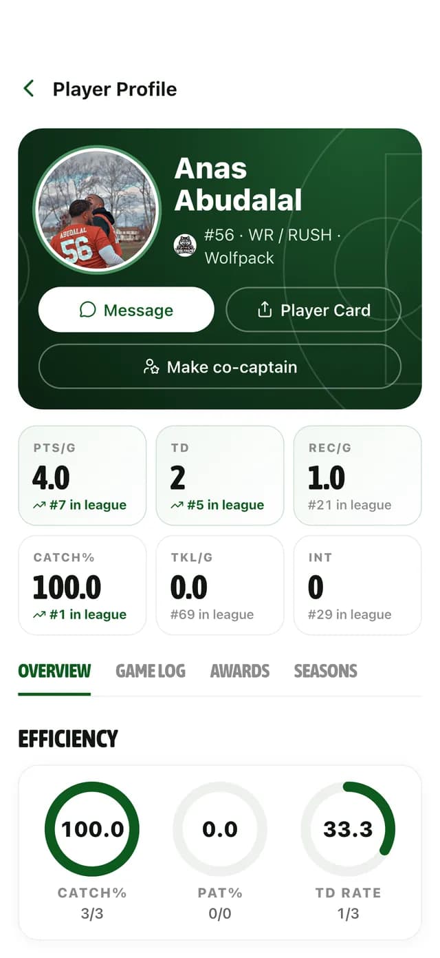 Flag Football player card in GameGrid