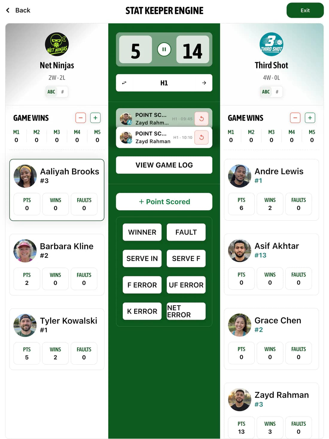 GameGrid Pickleball Stat Keeper on iPad with the live score, both rosters and pickleball stat buttons