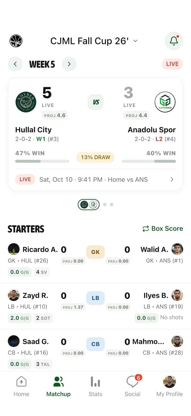 Soccer live matchup in GameGrid